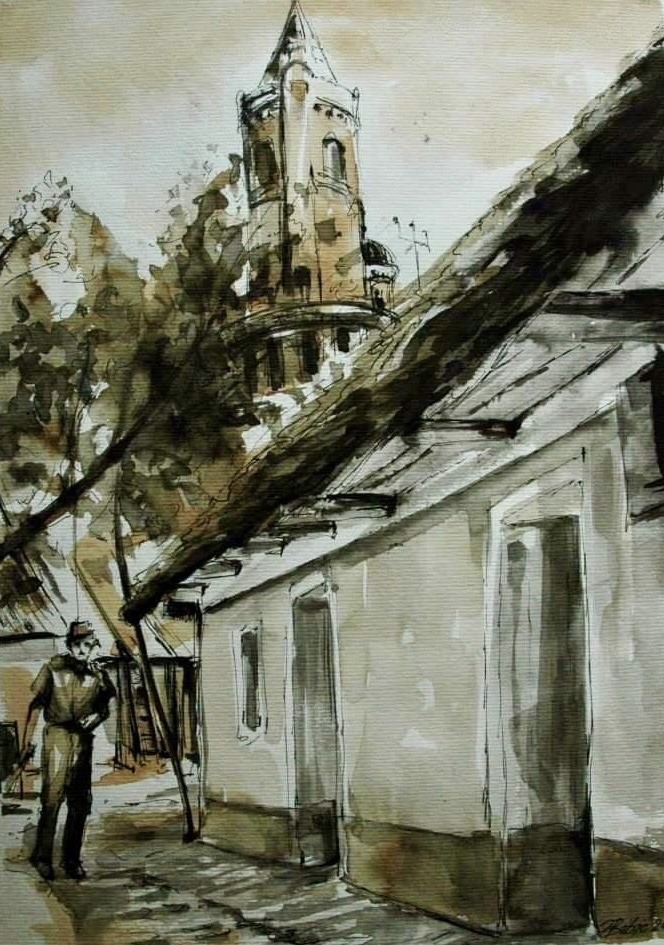 Jelena Bibić, aquarelle of a low cottage roof in Zemun with Gardoš Tower rising behind