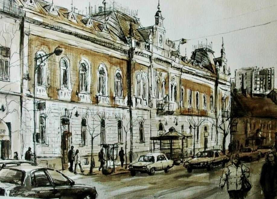 Jelena Bibić, aquarelle of a grand façade along a busy Zemun street