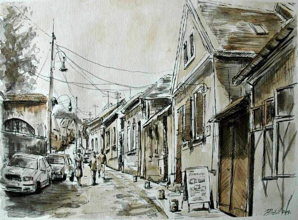 Jelena Bibić, aquarelle of a Zemun lane of low houses under overhead wires
