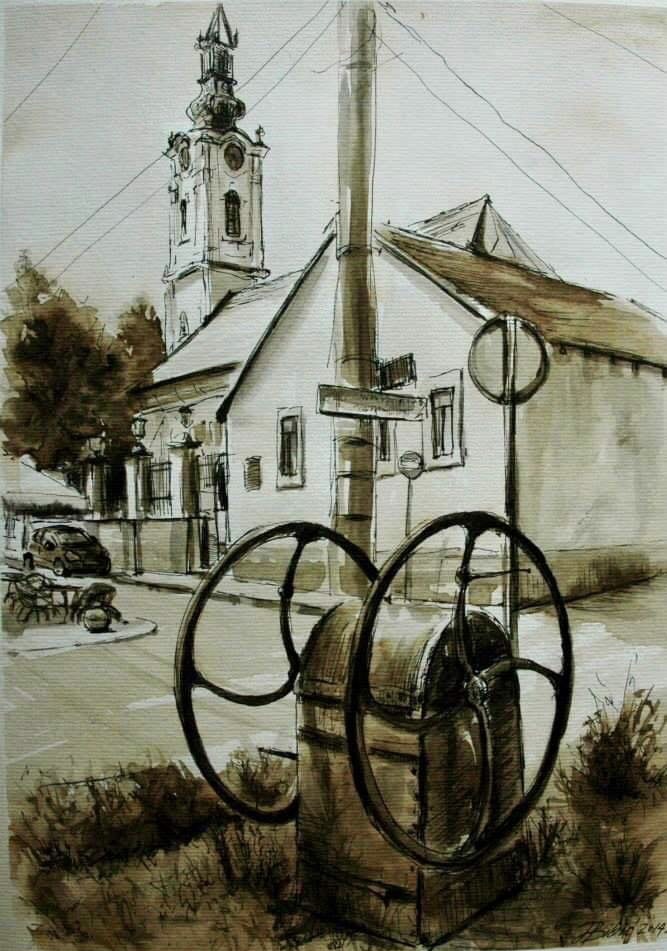 Jelena Bibić, aquarelle of an old well wheel below a Baroque church tower in Zemun