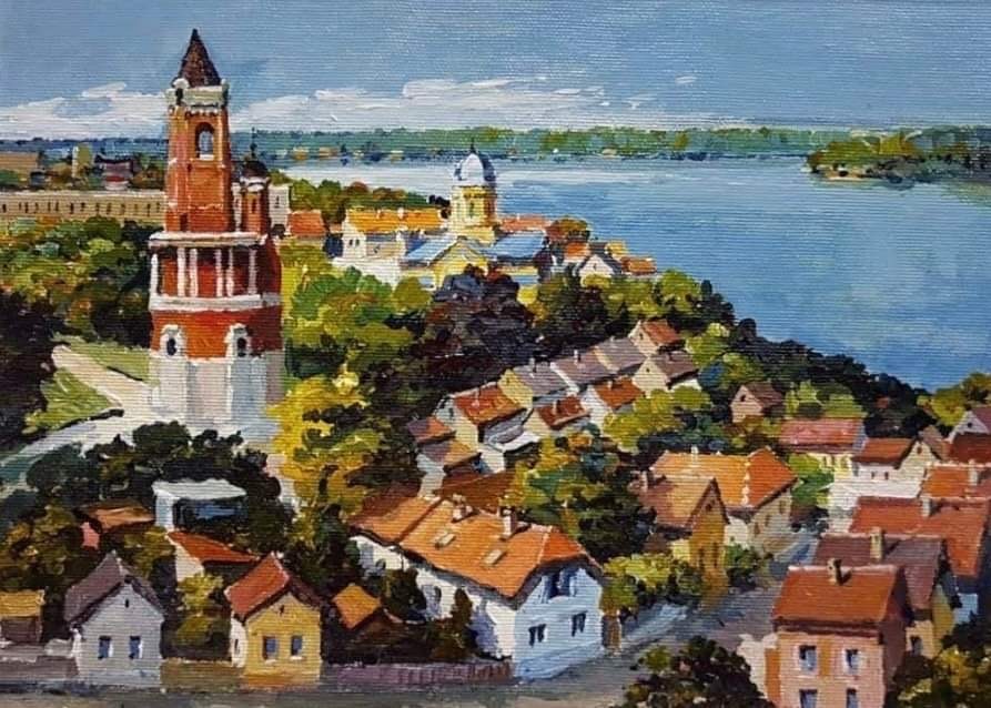 Jelena Bibić, painting of Gardoš Tower above the orange roofs of Zemun, with the Danube beyond