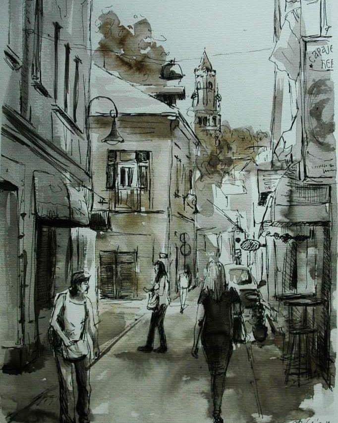 Jelena Bibić, aquarelle of a Zemun street in pen, ink and sepia wash, with Gardoš Tower behind