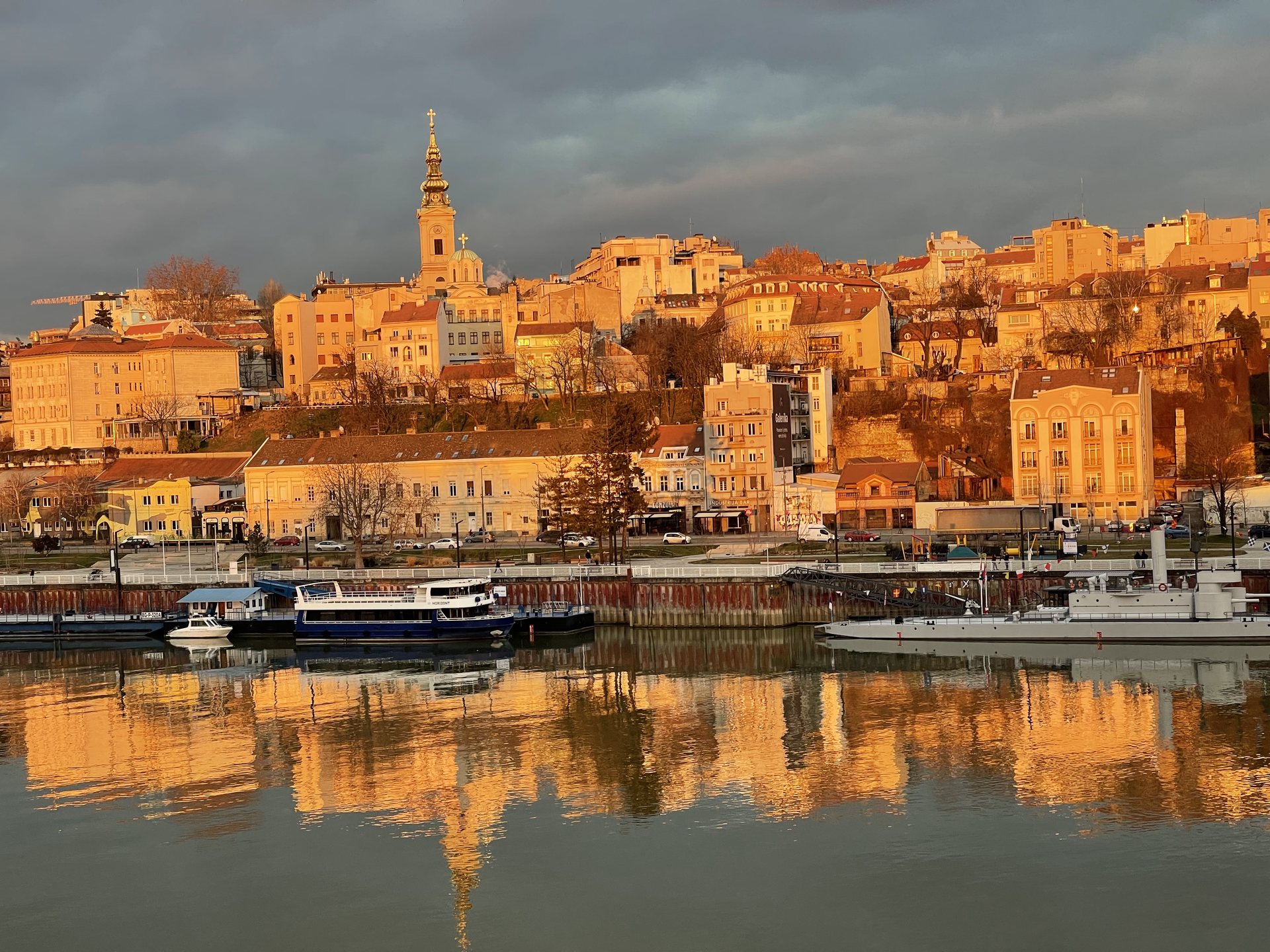 Belgrade's old town and the spire of the Cathedral Church of St Michael above the Sava at sunset