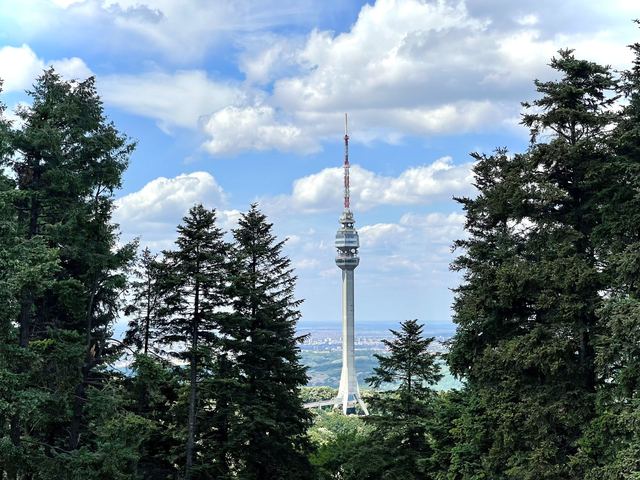 Avala Tower above the pine forest, with Belgrade in the distance