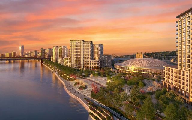 Artist’s impression of the new opera house under the dome of Hall 1, beside the marina and the Sava at sunset