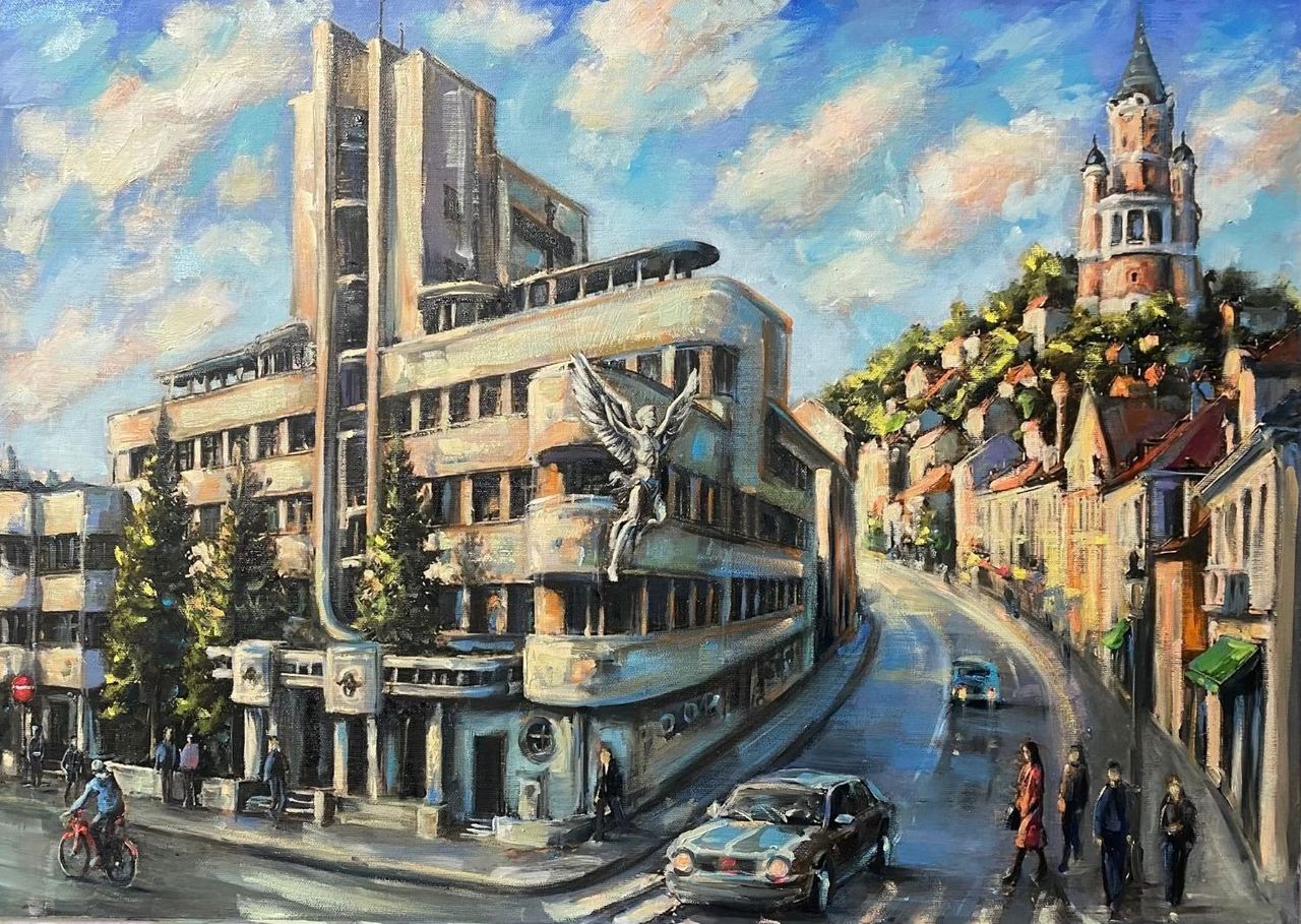 Jelena Bibić, painting of the modernist Air Force Command building in Zemun, with the Icarus figure on its side and Gardoš Tower on the hill beyond