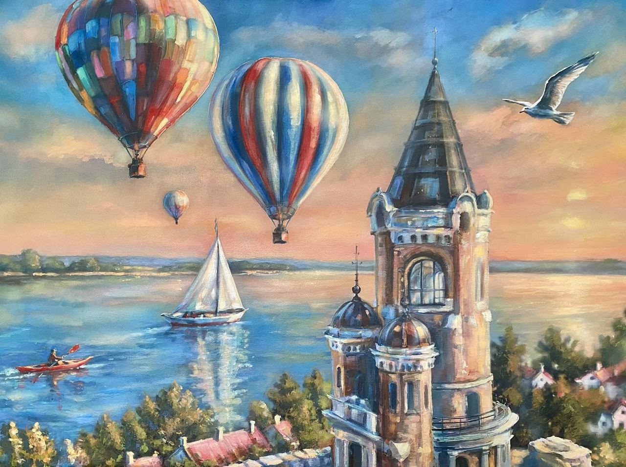 Jelena Bibić, painting of hot-air balloons over Gardoš Tower at sunset, with a sailing boat on the Danube