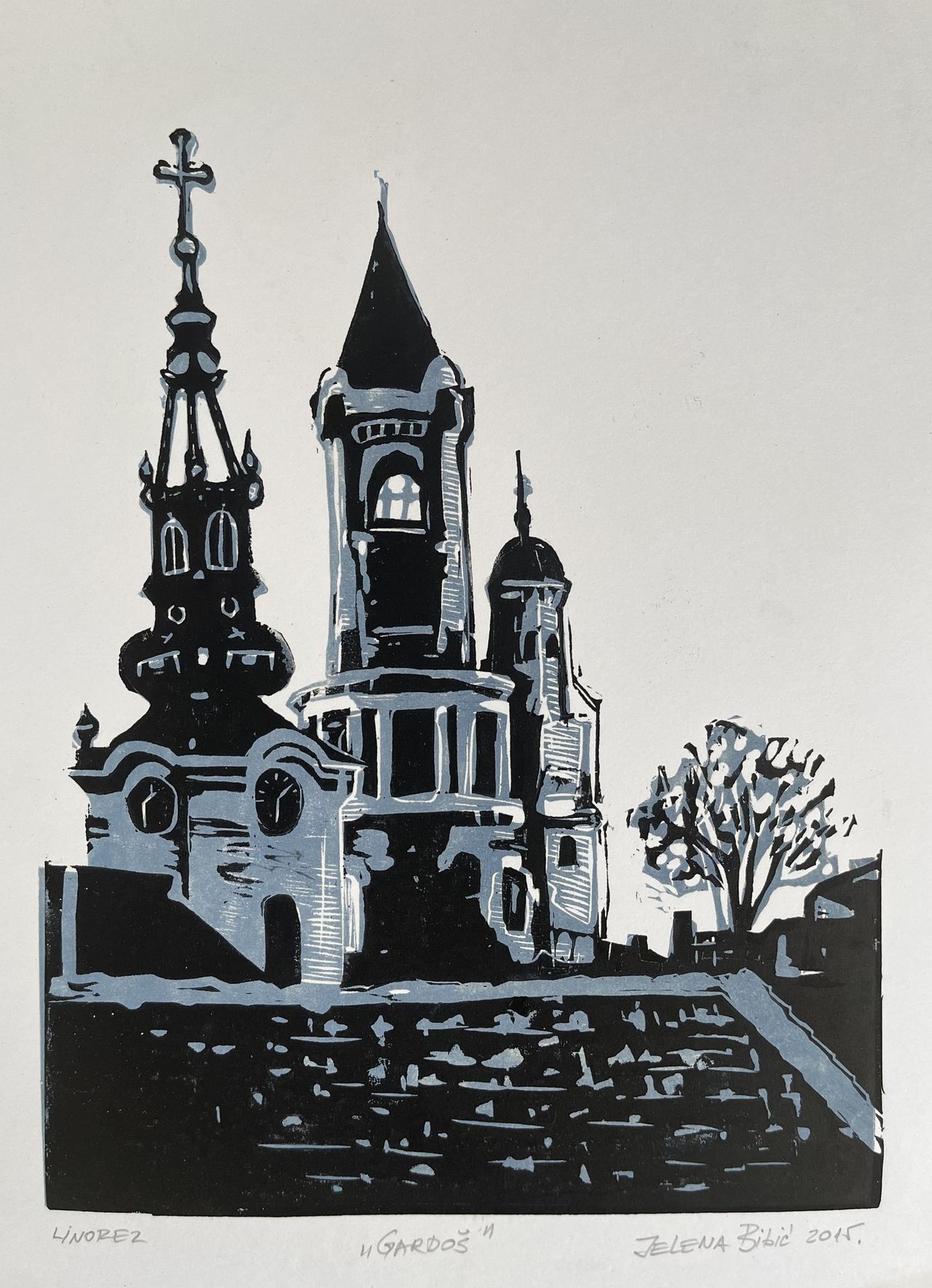Jelena Bibić, “Gardoš”, a black-and-white print of 2015 showing Gardoš Tower and a church tower