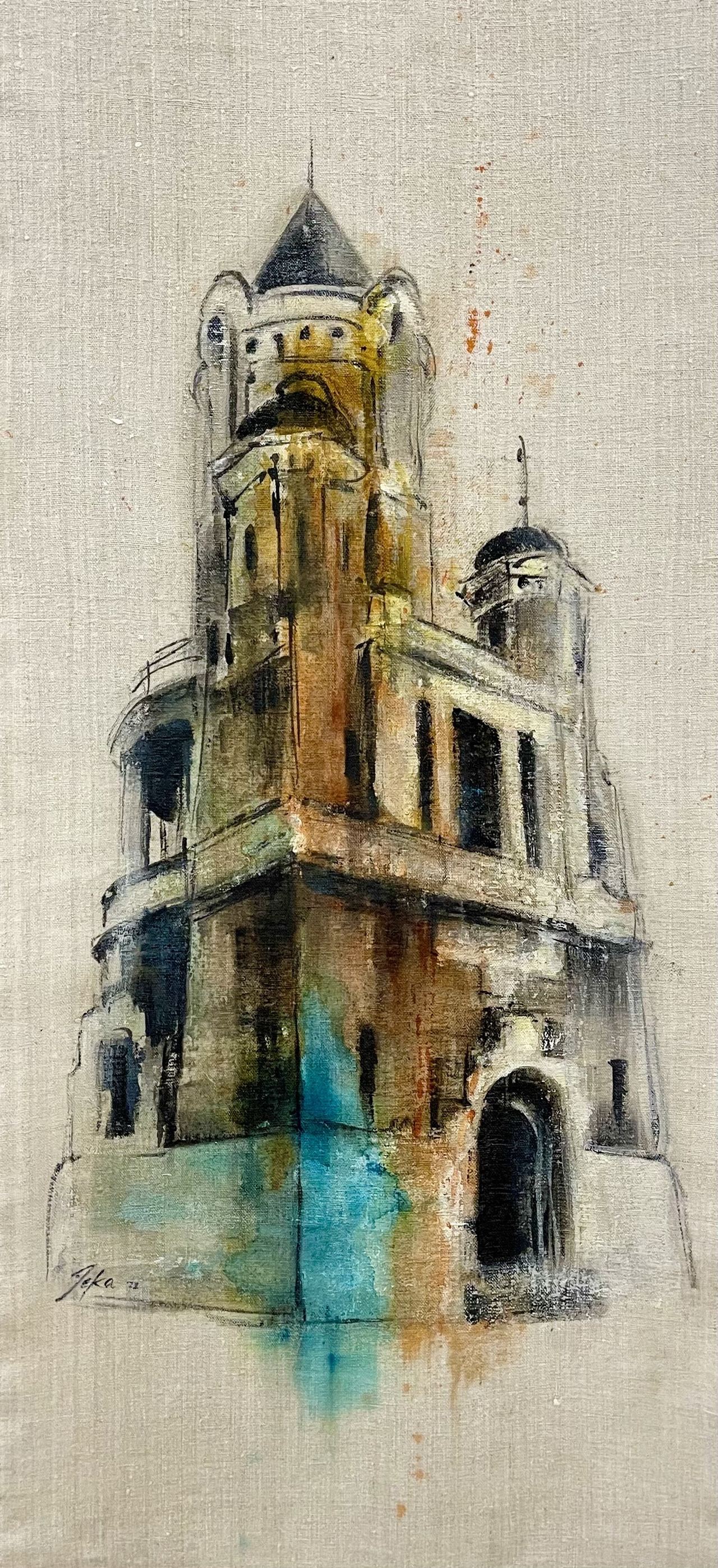 Jelena Bibić, Gardoš Tower painted on raw linen