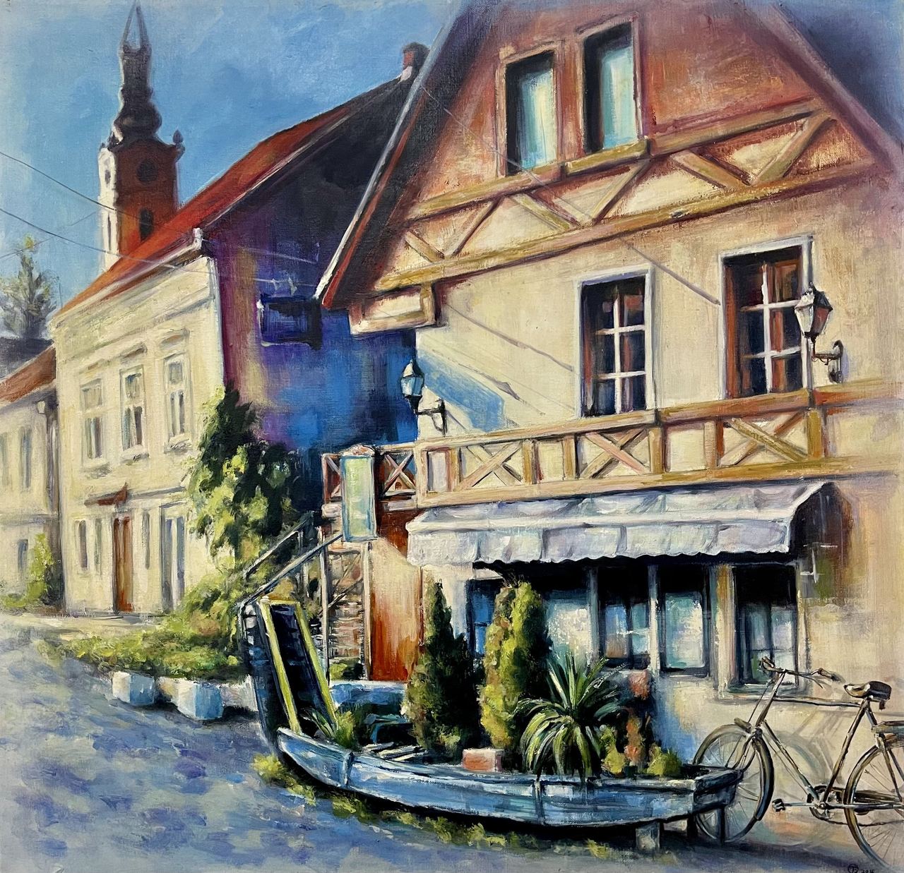 Jelena Bibić, painting of a half-timbered house in old Zemun, with a boat planter and bicycle