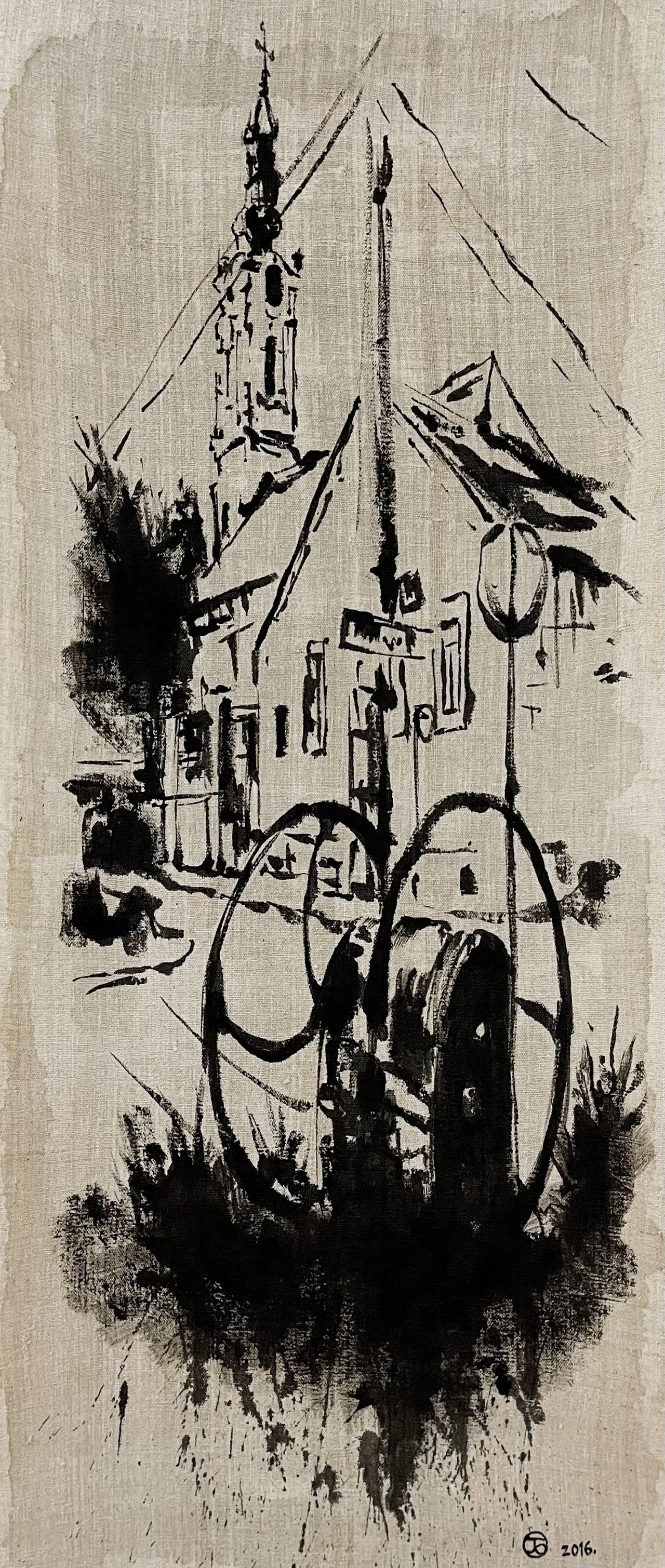 Jelena Bibić, ink study of a Zemun church tower and an old well wheel