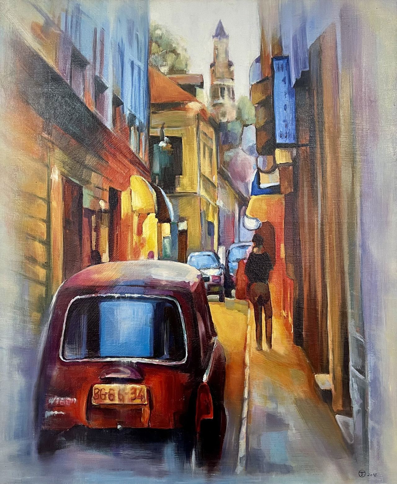 Jelena Bibić, painting of a little red car in a narrow Zemun lane, with Gardoš Tower at its end