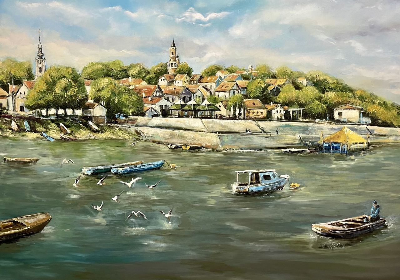 Jelena Bibić, painting of the Zemun quay and old town seen from the Danube, with boats and gulls