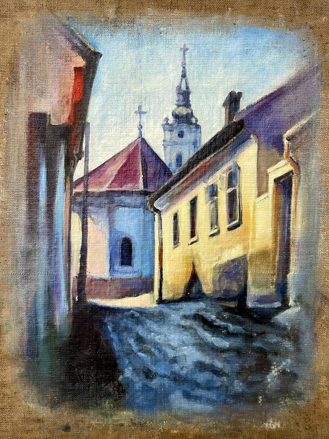 Jelena Bibić, painting on linen of a cobbled Zemun street below a white church tower