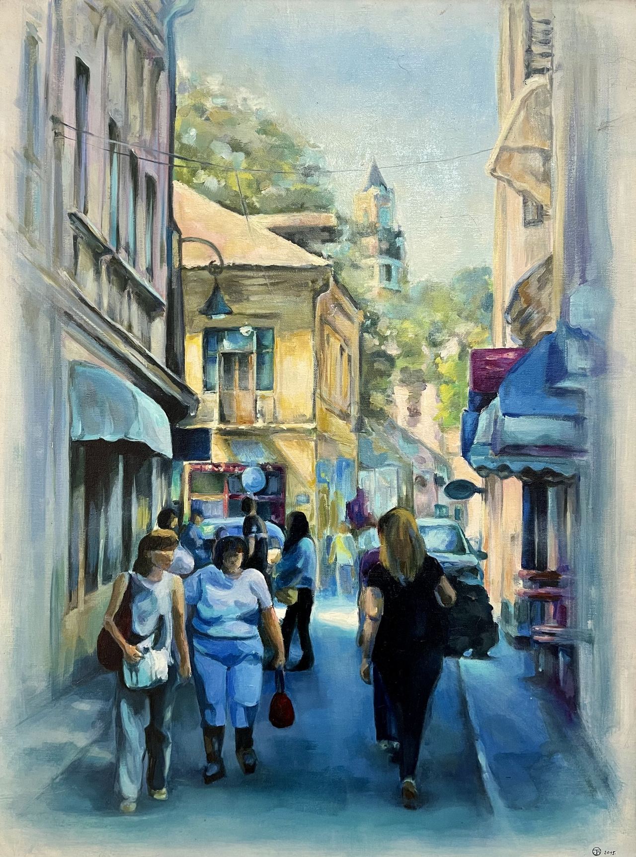 Jelena Bibić, painting of people walking along a busy, sunlit Zemun street