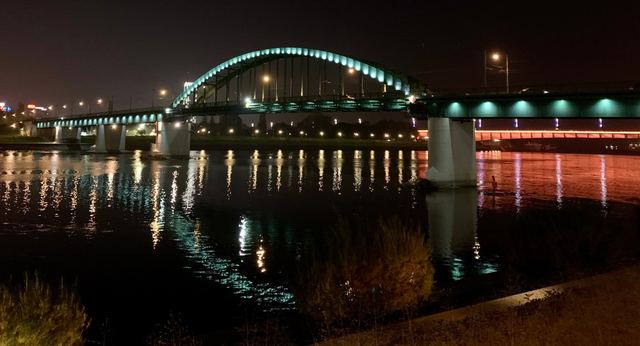 The Old Sava Bridge lit up at night over the Sava, before work began on its replacement