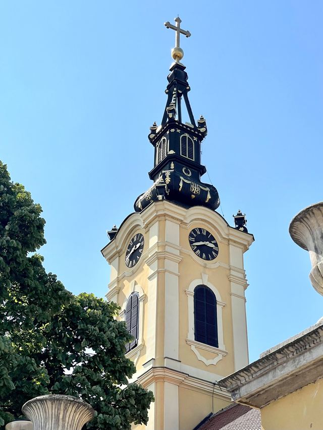 The clock and Baroque spire of St Nicholas’ Church in Zemun