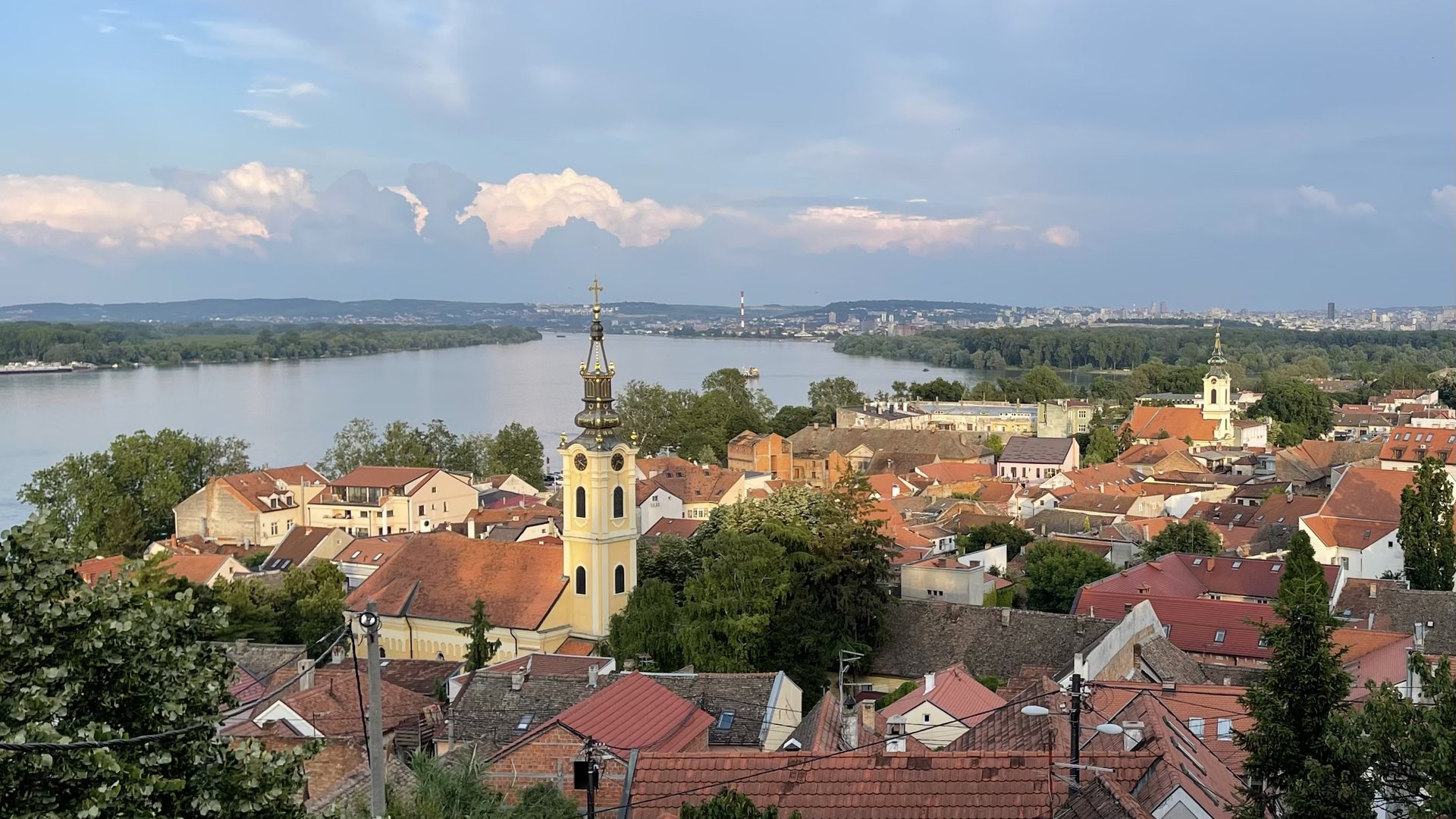 Zemun's red roofs, the church tower and the Danube from Gardoš